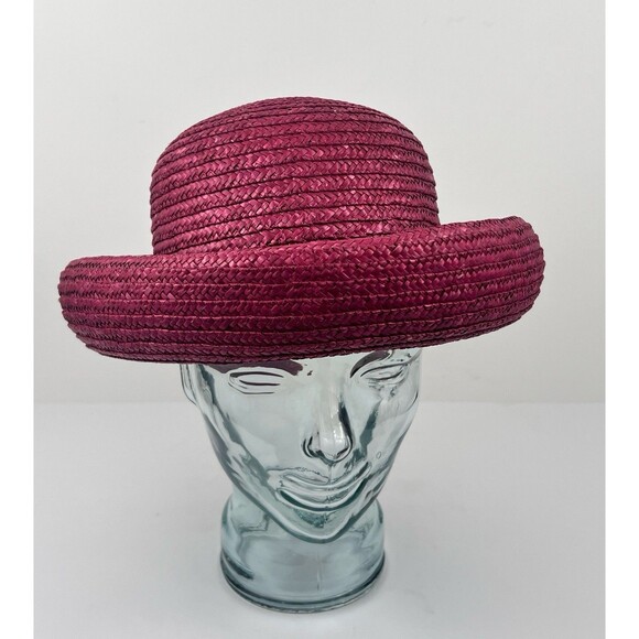 VTG Laura Ashley Italy Pink Red Raffia Straw Hat Rolled Brim Coche Style Cottage